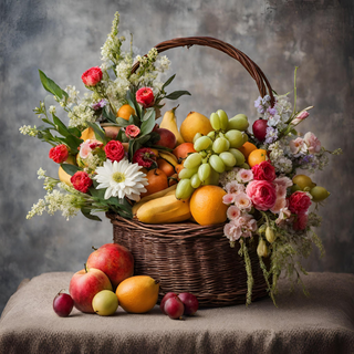 Panier de fruits, fleurs et gourmandises